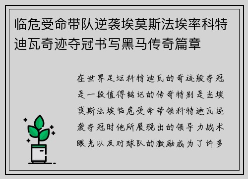 临危受命带队逆袭埃莫斯法埃率科特迪瓦奇迹夺冠书写黑马传奇篇章