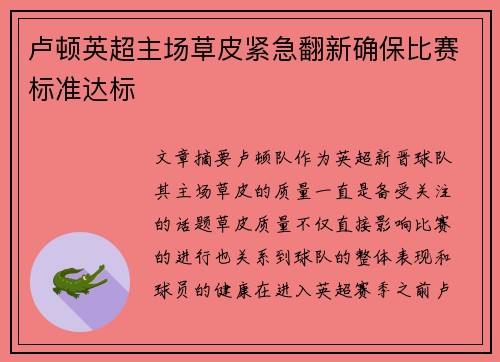 卢顿英超主场草皮紧急翻新确保比赛标准达标